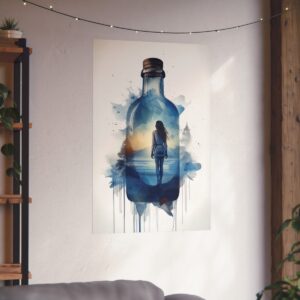 Indigo Dreamscape: Woman in Bottle Fine Art Poster, Watercolor Wall Art, Inspirational Decor